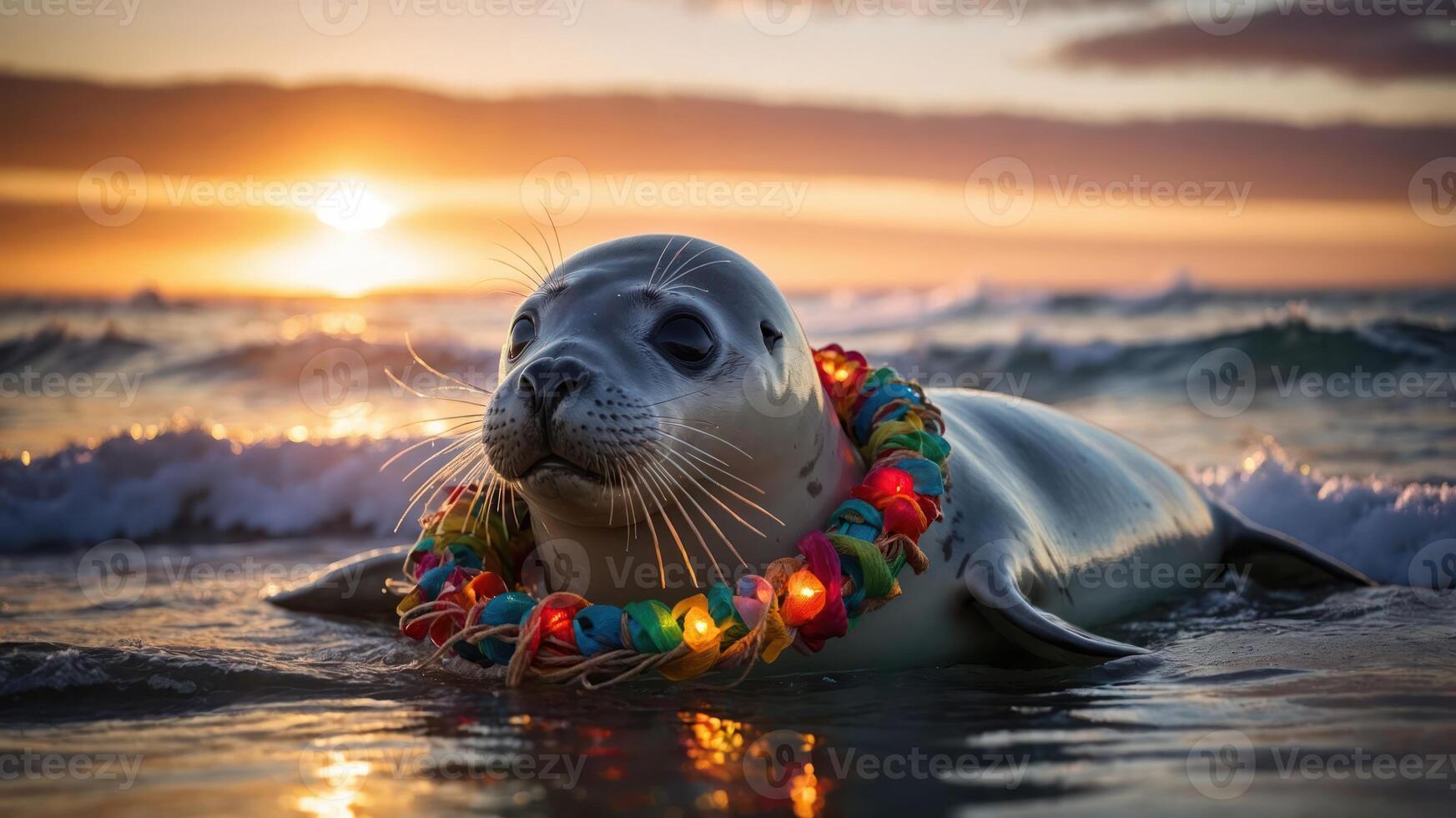 A seal adorned with a colorful necklace rests on the beach at sunset. photo