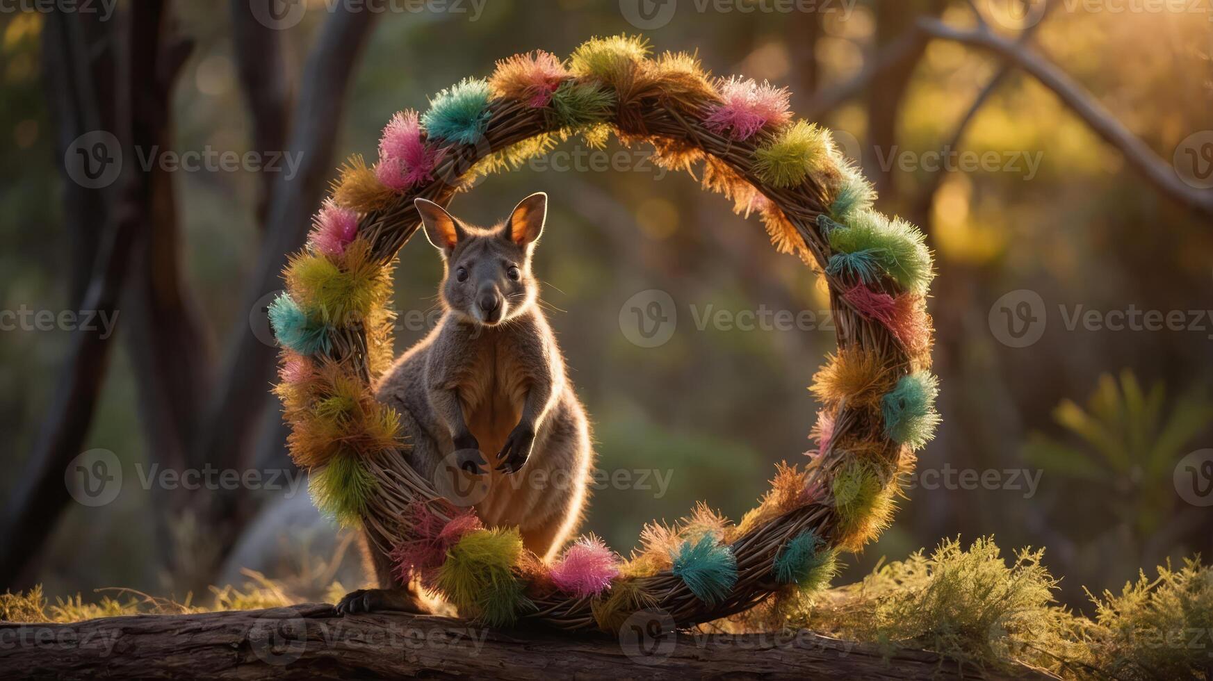 A kangaroo poses playfully within a colorful wreath in a natural setting. photo