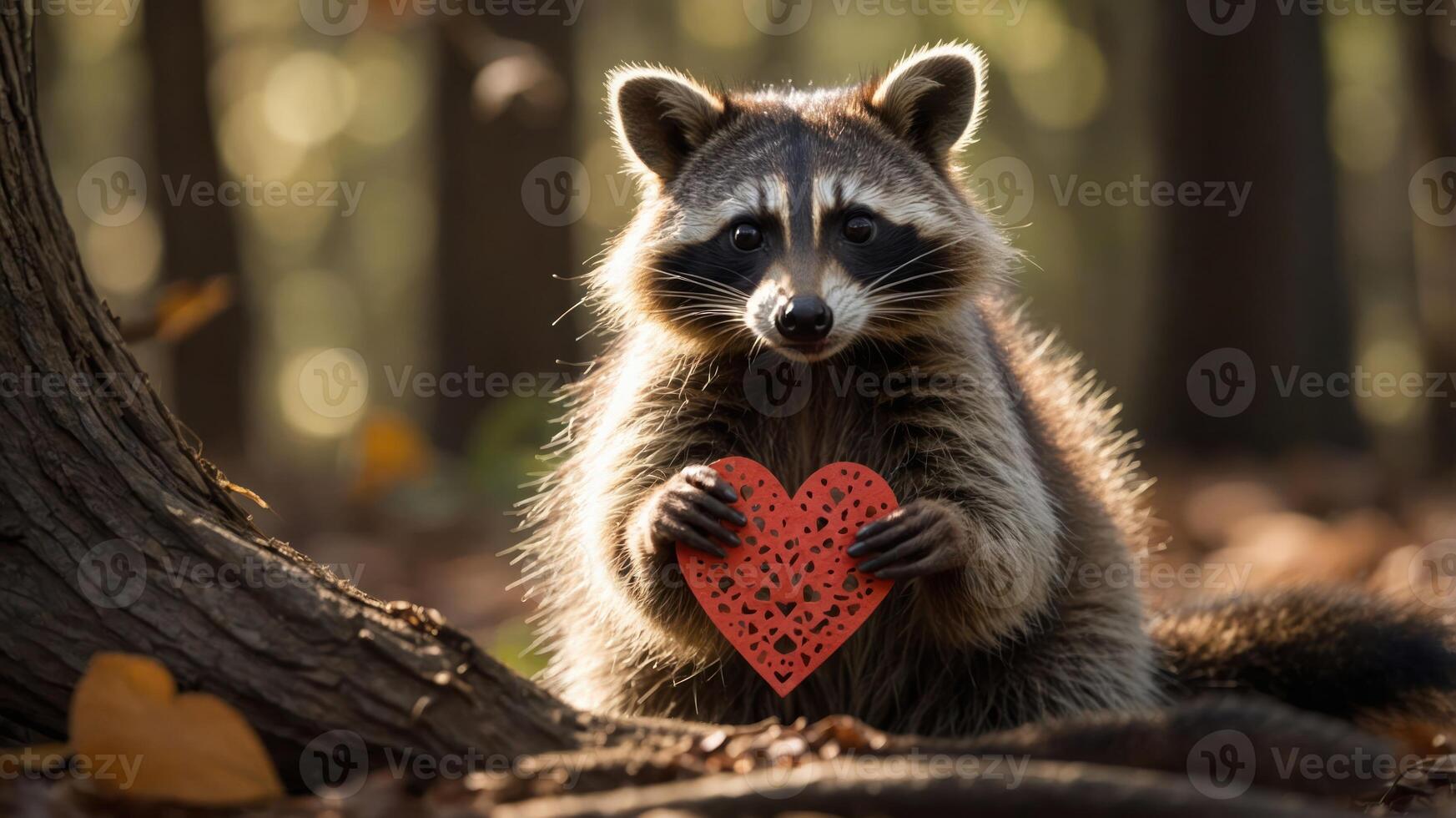 A raccoon holds a red heart-shaped cutout in a forest setting, conveying a message of love. photo