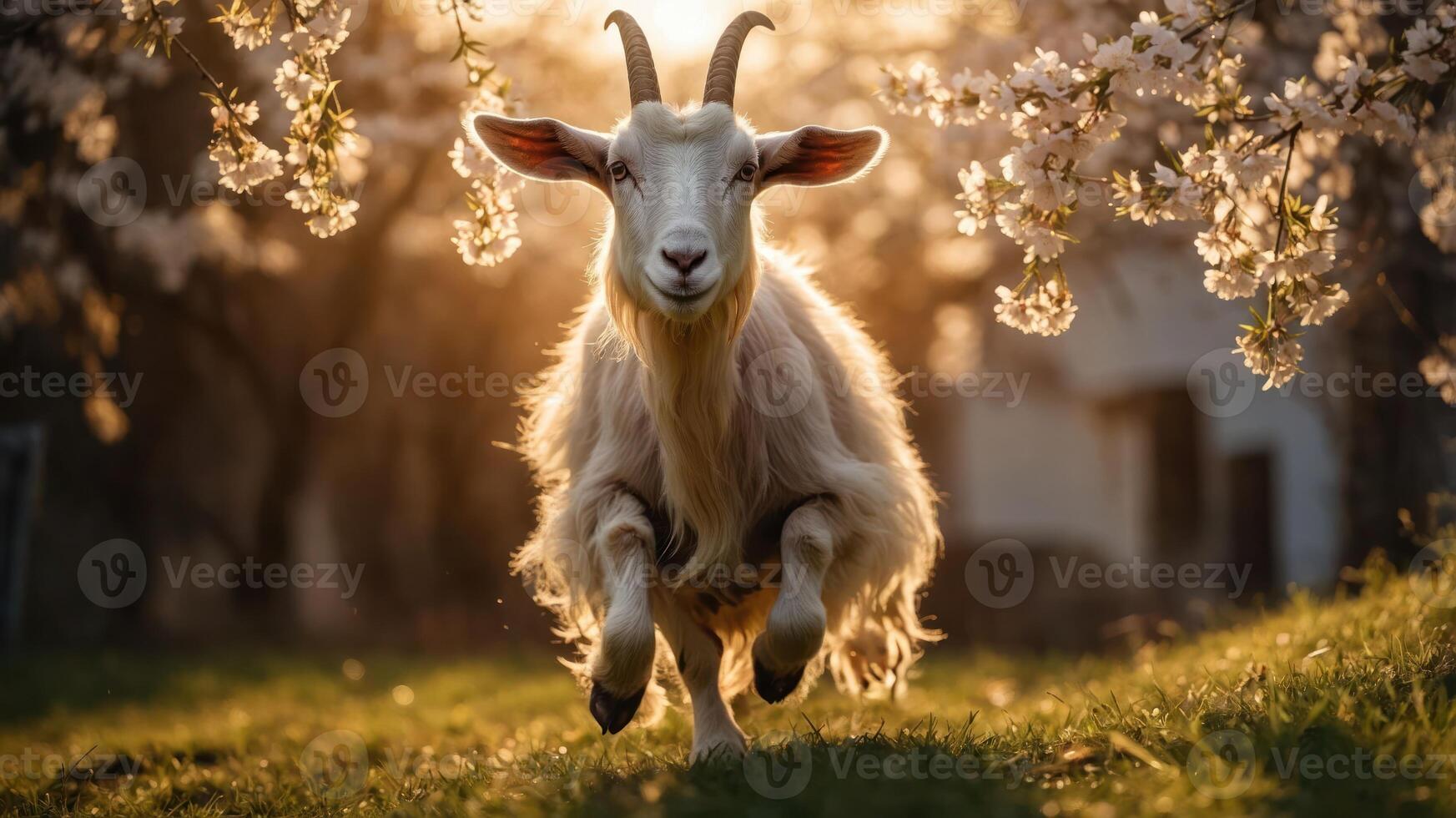 A goat joyfully running through a blossoming orchard at sunset. photo