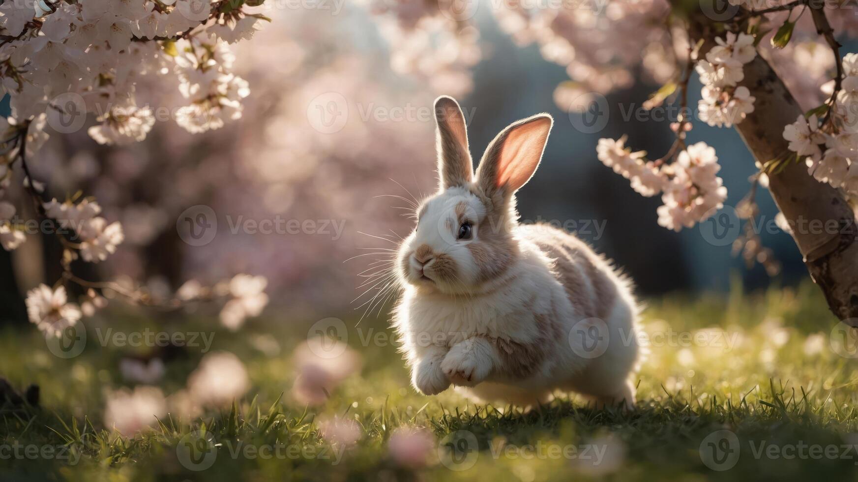 A playful rabbit hops through a field of cherry blossoms in a serene, sunlit setting. photo