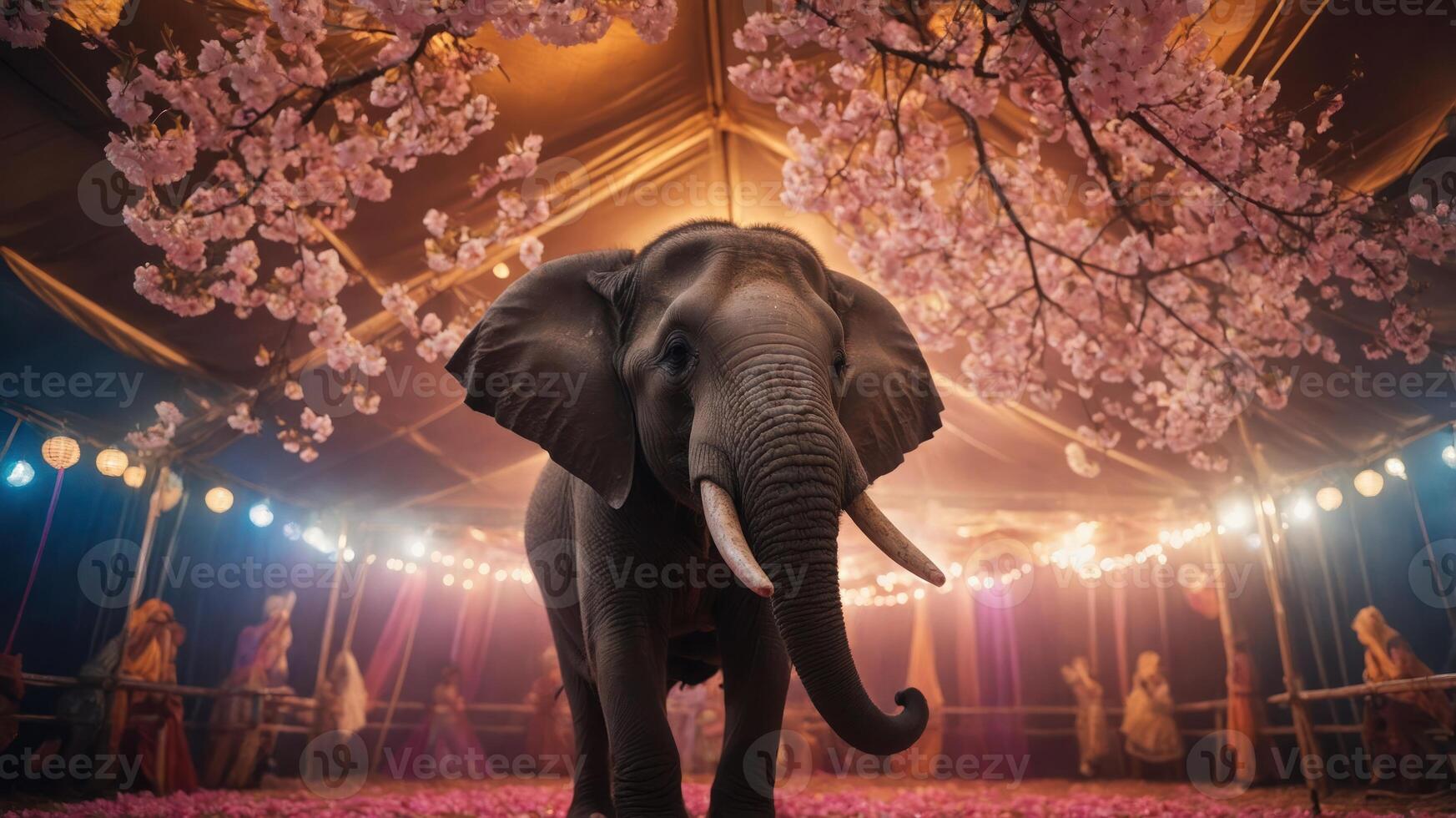 An elephant stands under cherry blossoms in a festive tent, illuminated by soft lights. photo
