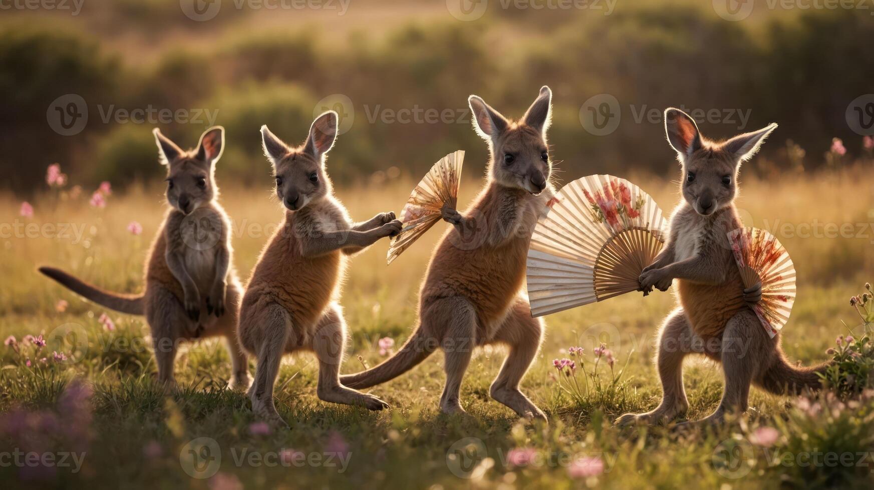 Four kangaroos playfully dancing with fans in a sunlit field. photo