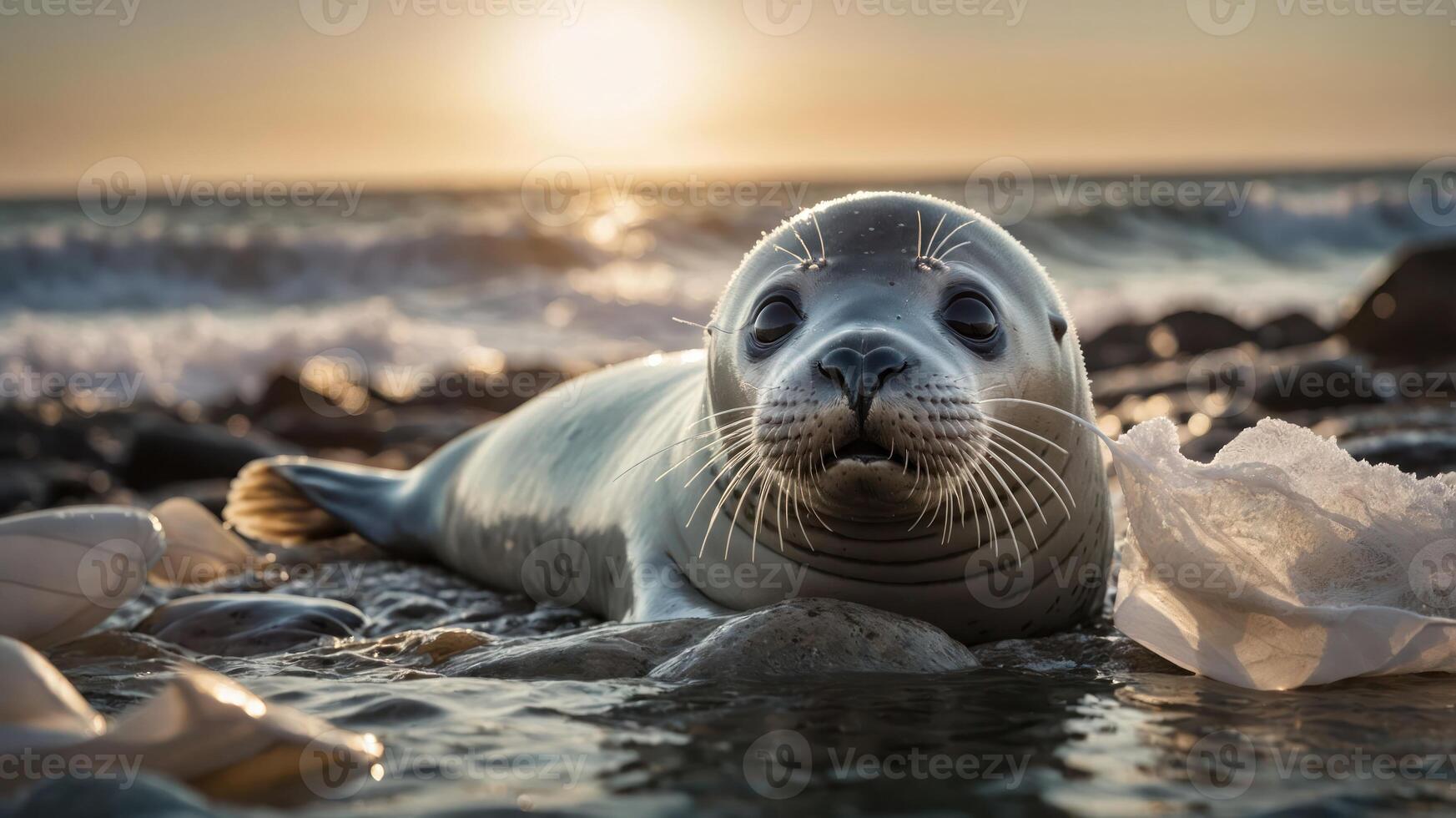 A seal resting on a beach with ocean waves and plastic waste in the background. photo