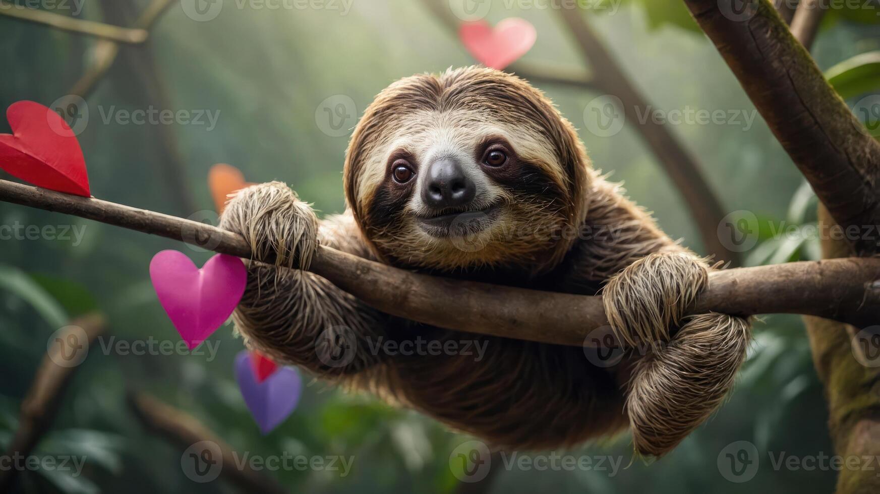 A sloth hanging on a branch surrounded by colorful heart decorations in a lush environment. photo