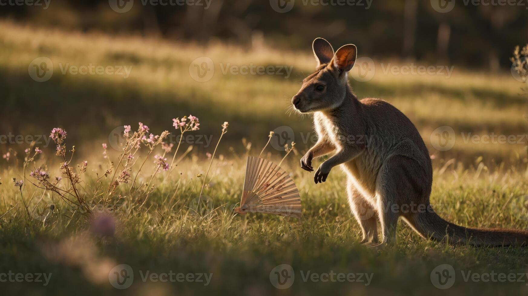 A kangaroo stands in a sunlit field surrounded by flowers, capturing a serene moment in nature. photo