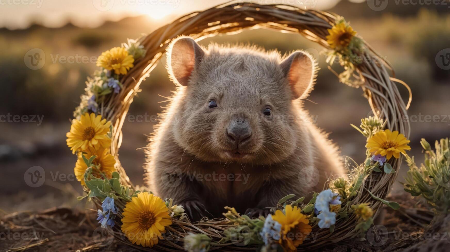 A cute wombat surrounded by a floral wreath at sunset, evoking warmth and charm. photo