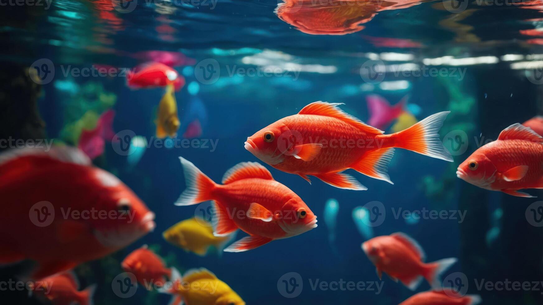 A vibrant underwater scene featuring various colorful fish swimming gracefully. photo