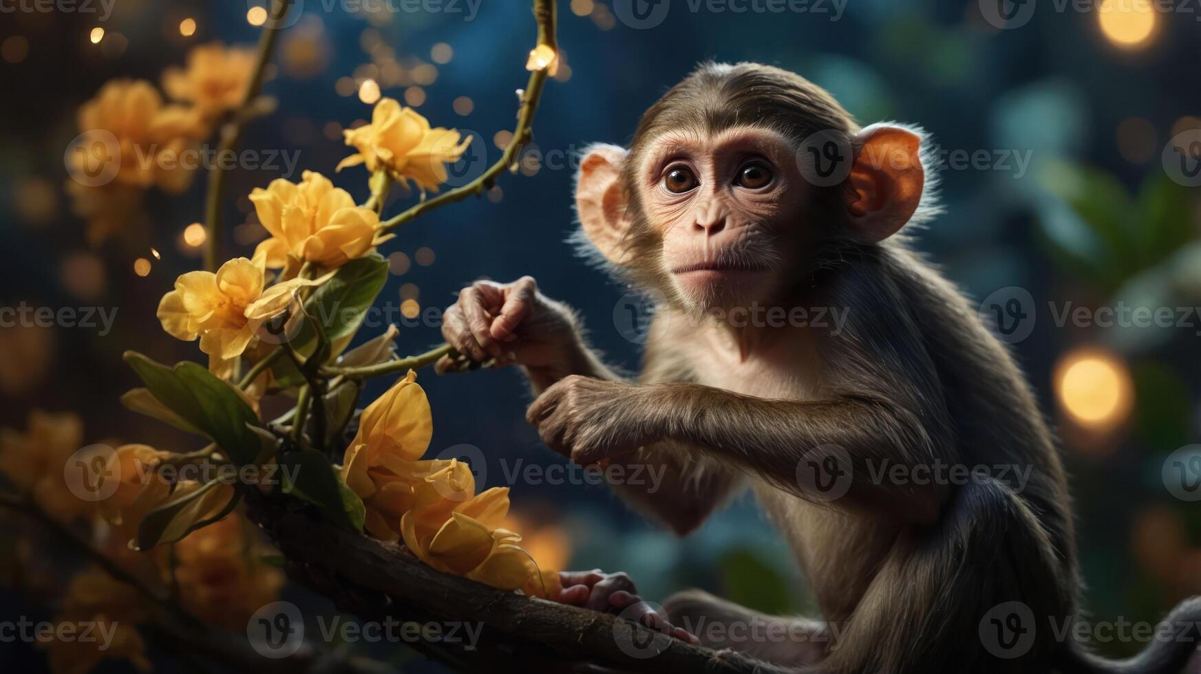 A young monkey sits among yellow flowers, exuding curiosity and charm in a vibrant setting. photo