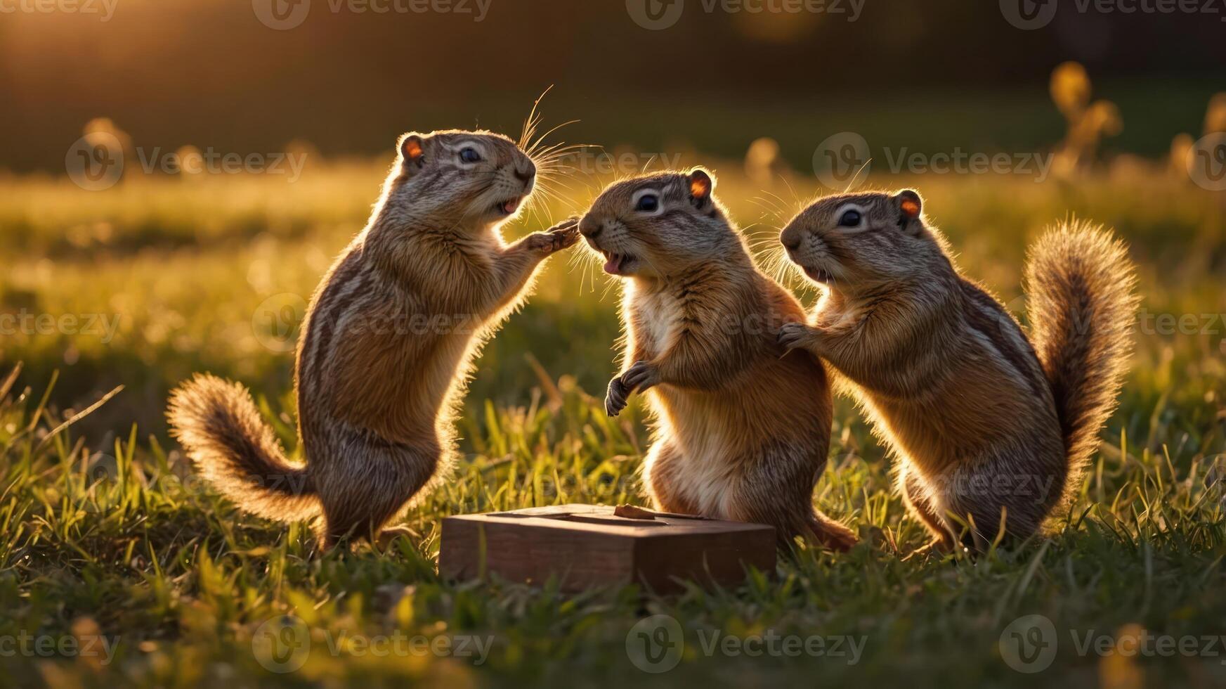 Three squirrels interacting playfully in a sunlit grassy field. photo