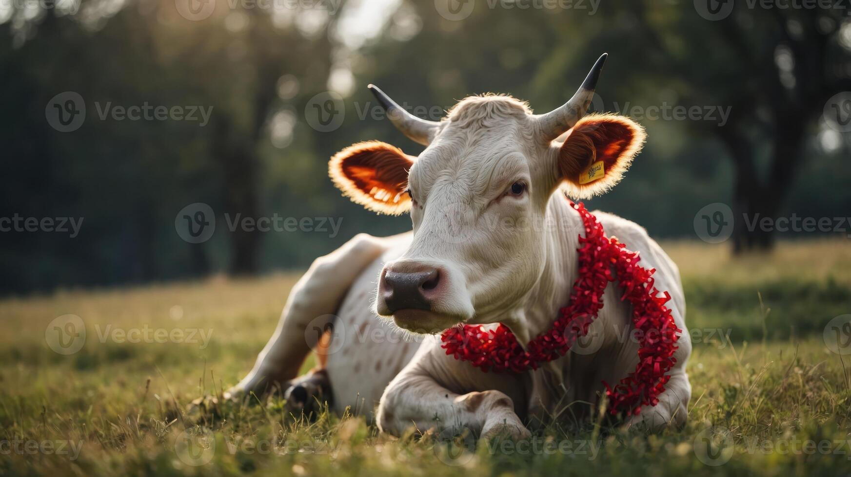 A cow adorned with a floral garland resting in a serene grassy field. photo