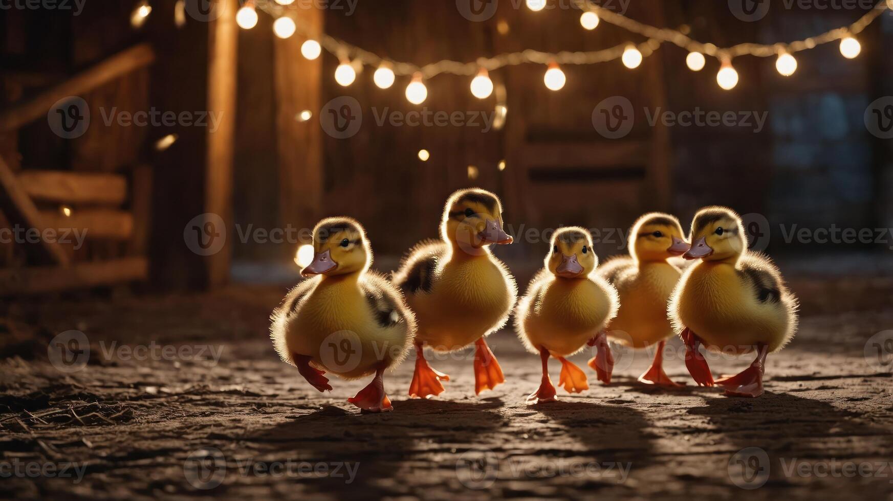Five adorable ducklings walking in a barn illuminated by warm string lights. photo