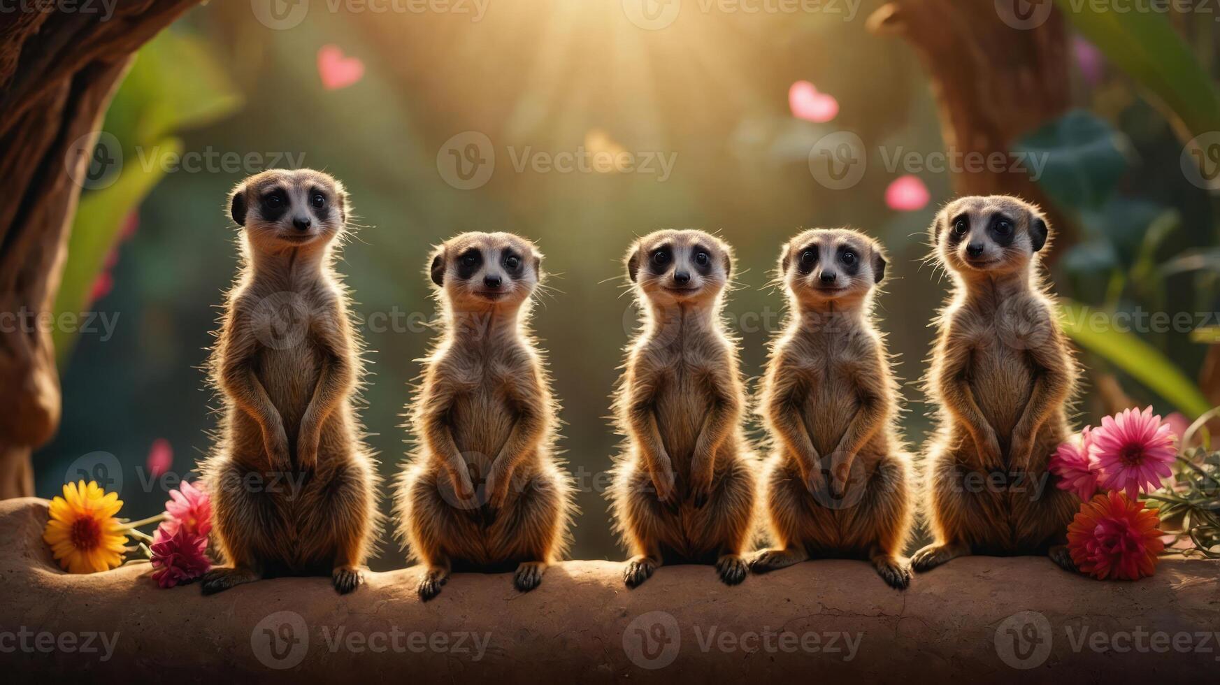 A group of five meerkats standing on a log surrounded by flowers and soft lighting. photo