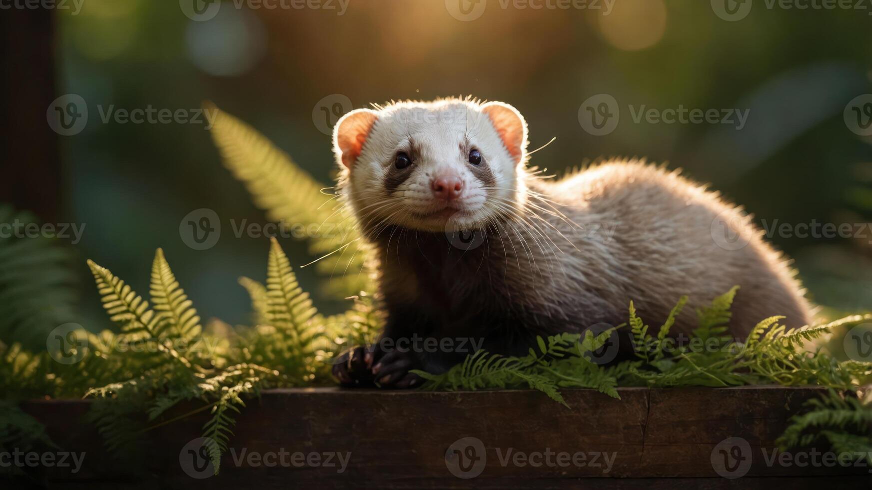 A close-up of a cute ferret resting among ferns in a natural setting. photo