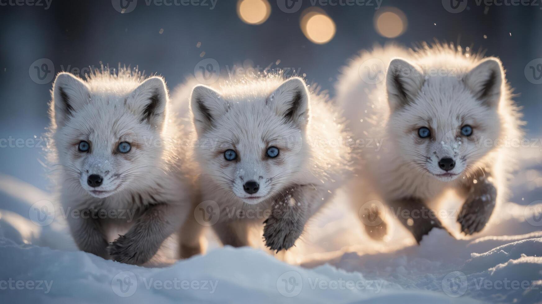 Three fluffy arctic fox cubs playfully running through the snow in a winter landscape. photo