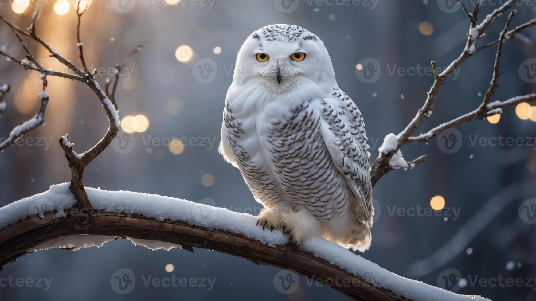 A snowy owl perched on a branch in a serene winter landscape with soft bokeh lights. photo