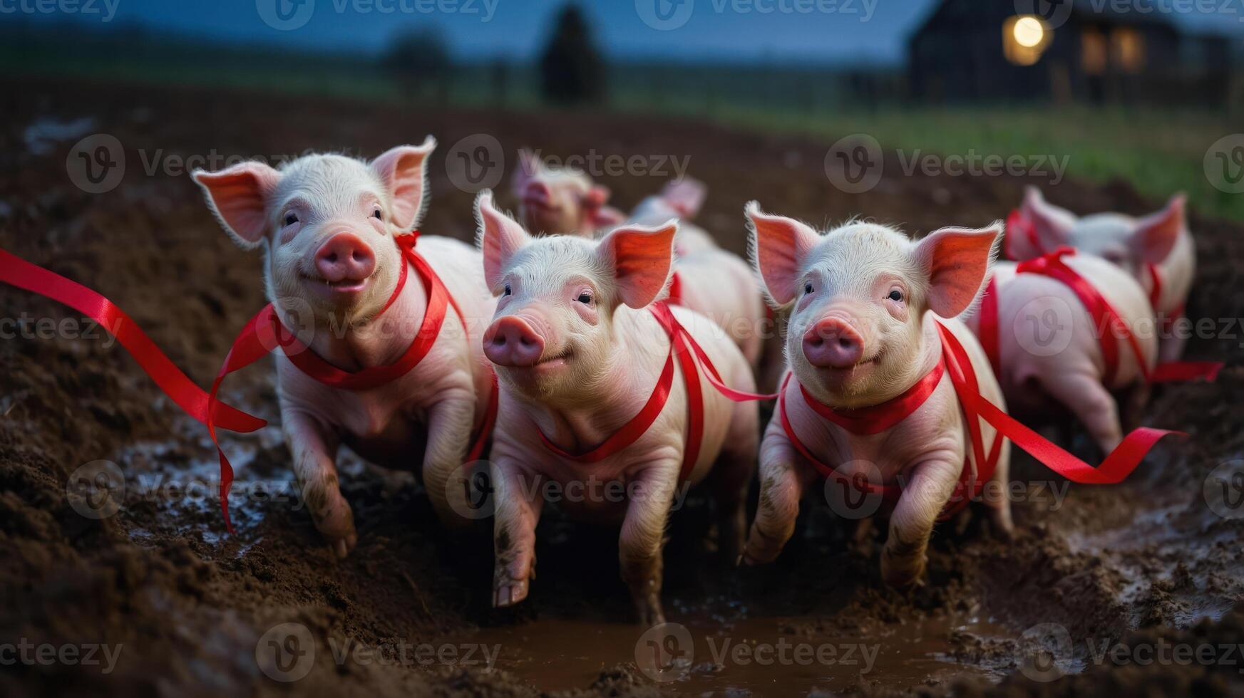 Playful piglets running in a muddy field, each wearing a red ribbon. photo