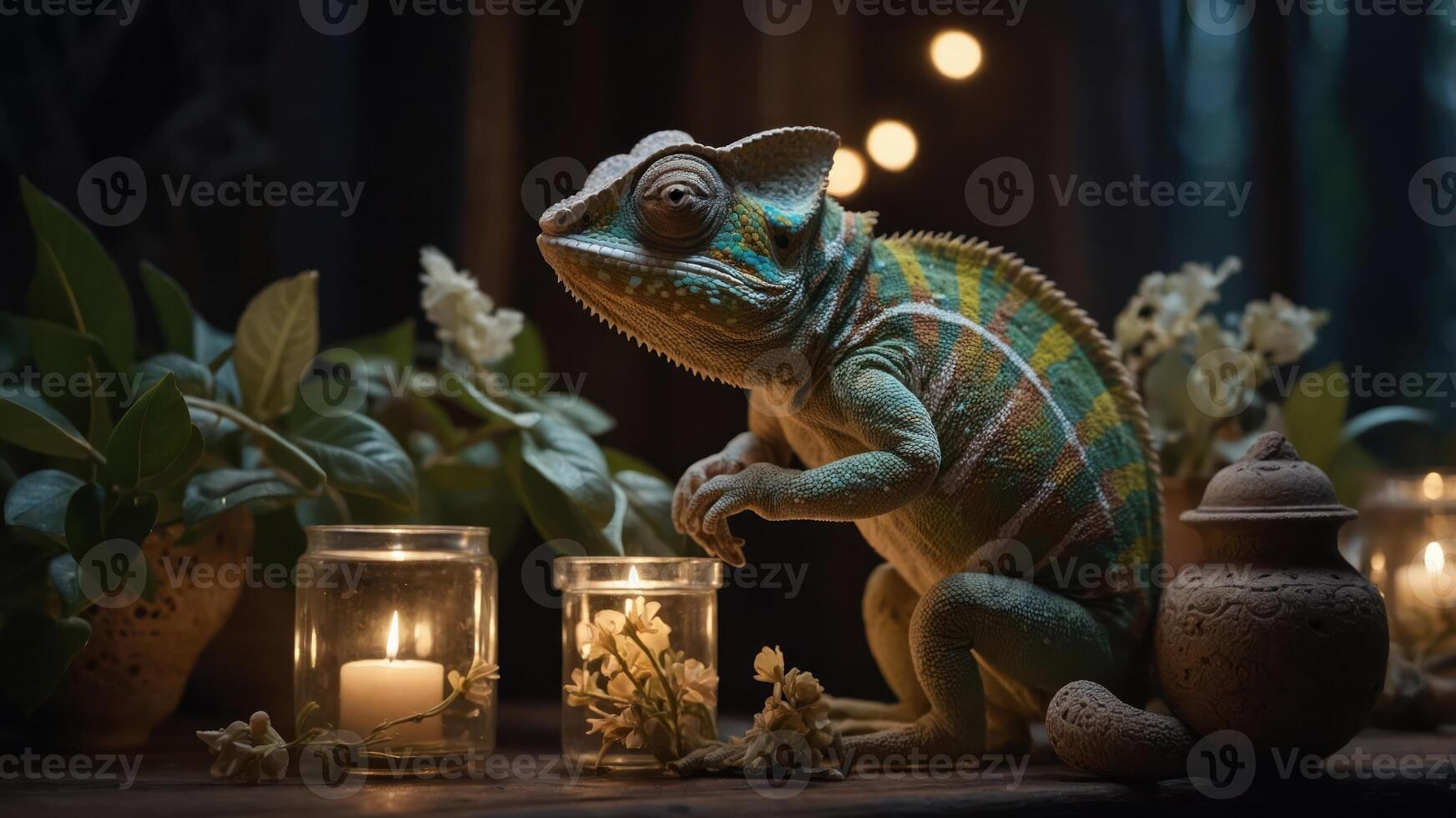 A chameleon sits among candles and plants, creating a serene, atmospheric scene. photo