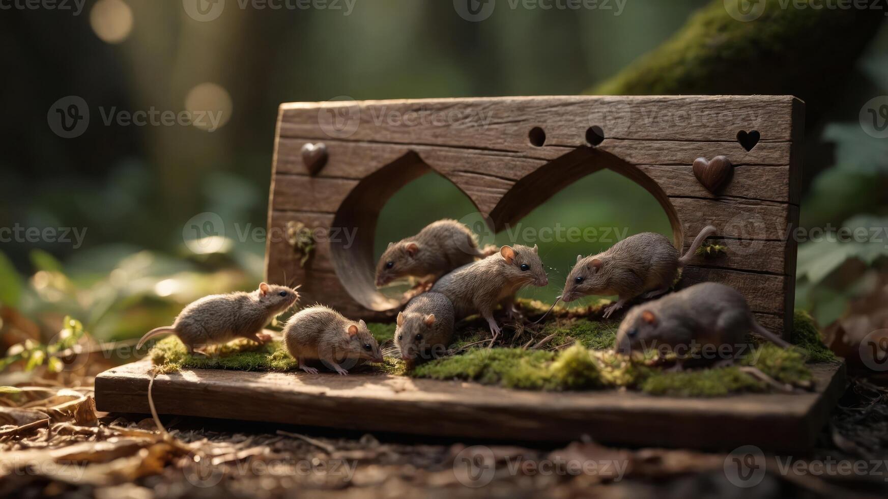 A wooden display features small mice interacting in a forest setting. photo