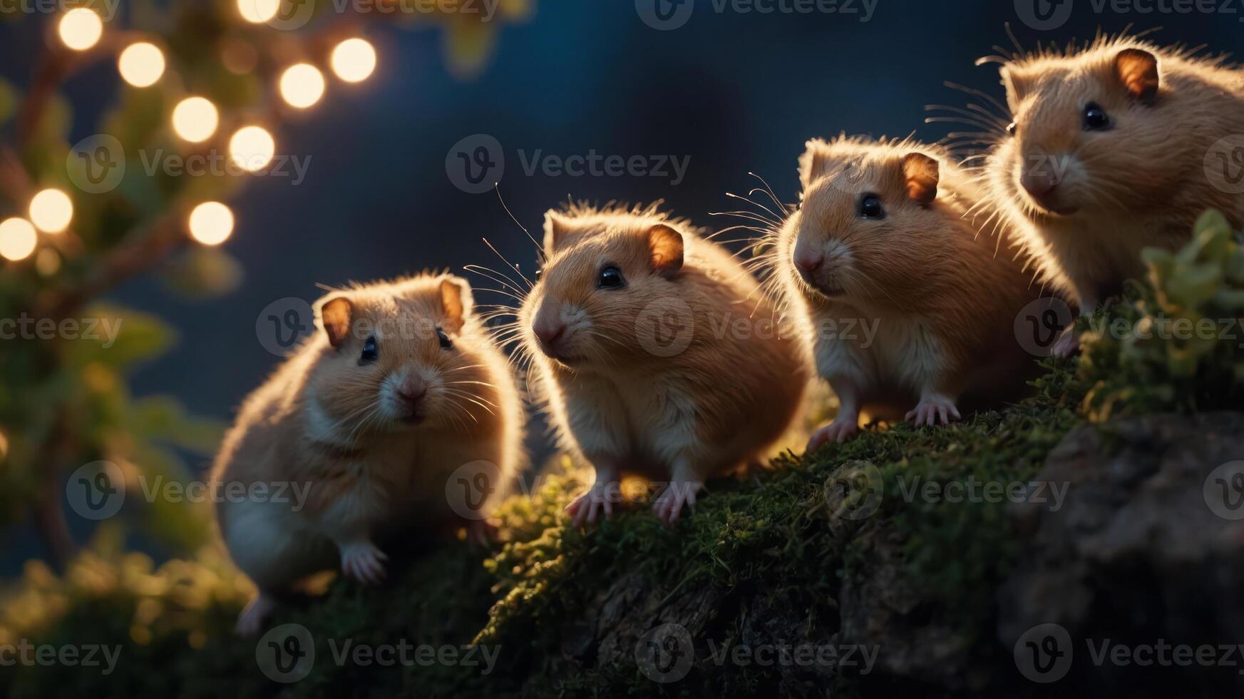 Four hamsters sitting on a mossy log with soft lights in the background. photo