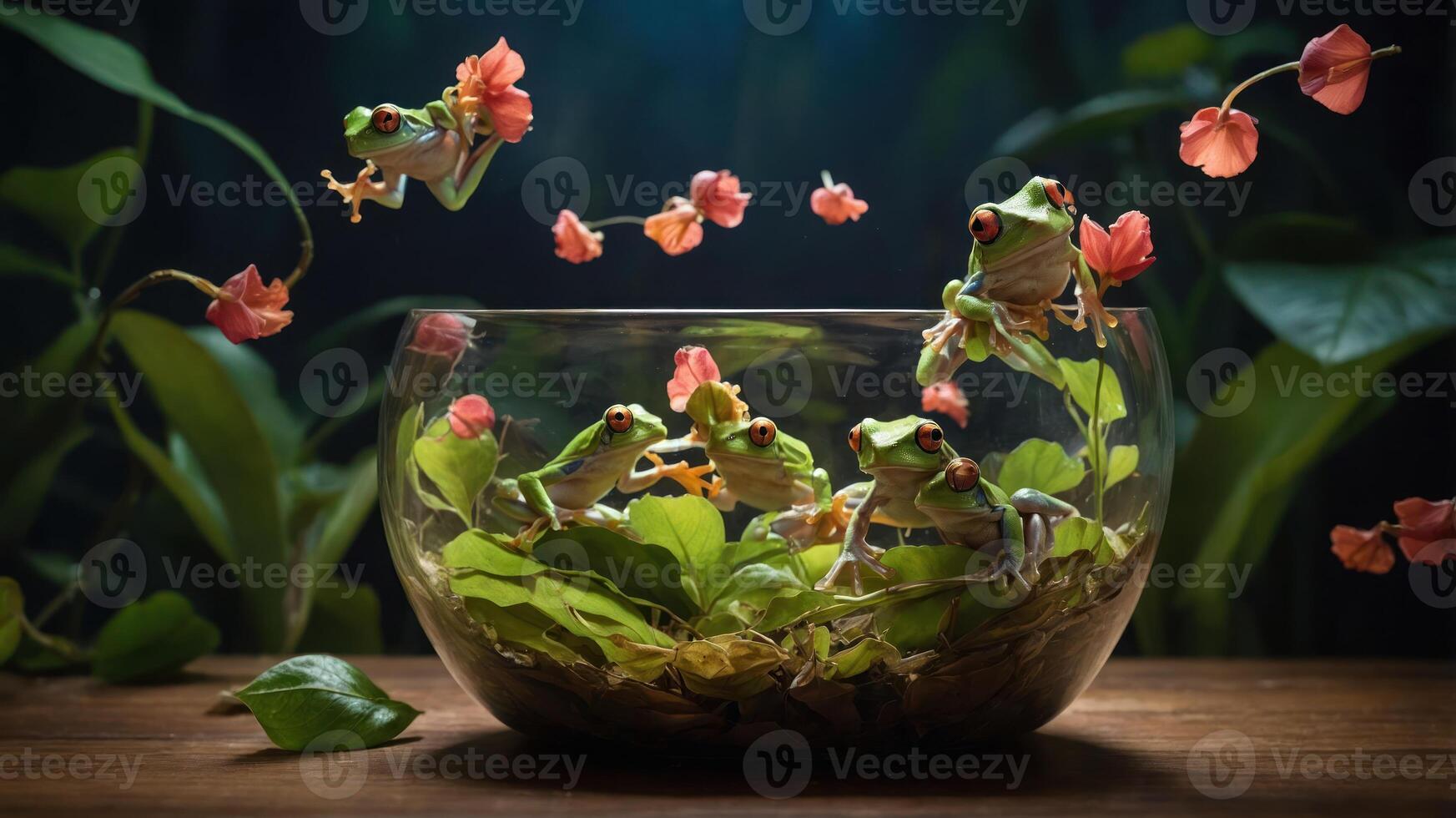 A vibrant scene of frogs in a glass bowl surrounded by flowers and greenery. photo