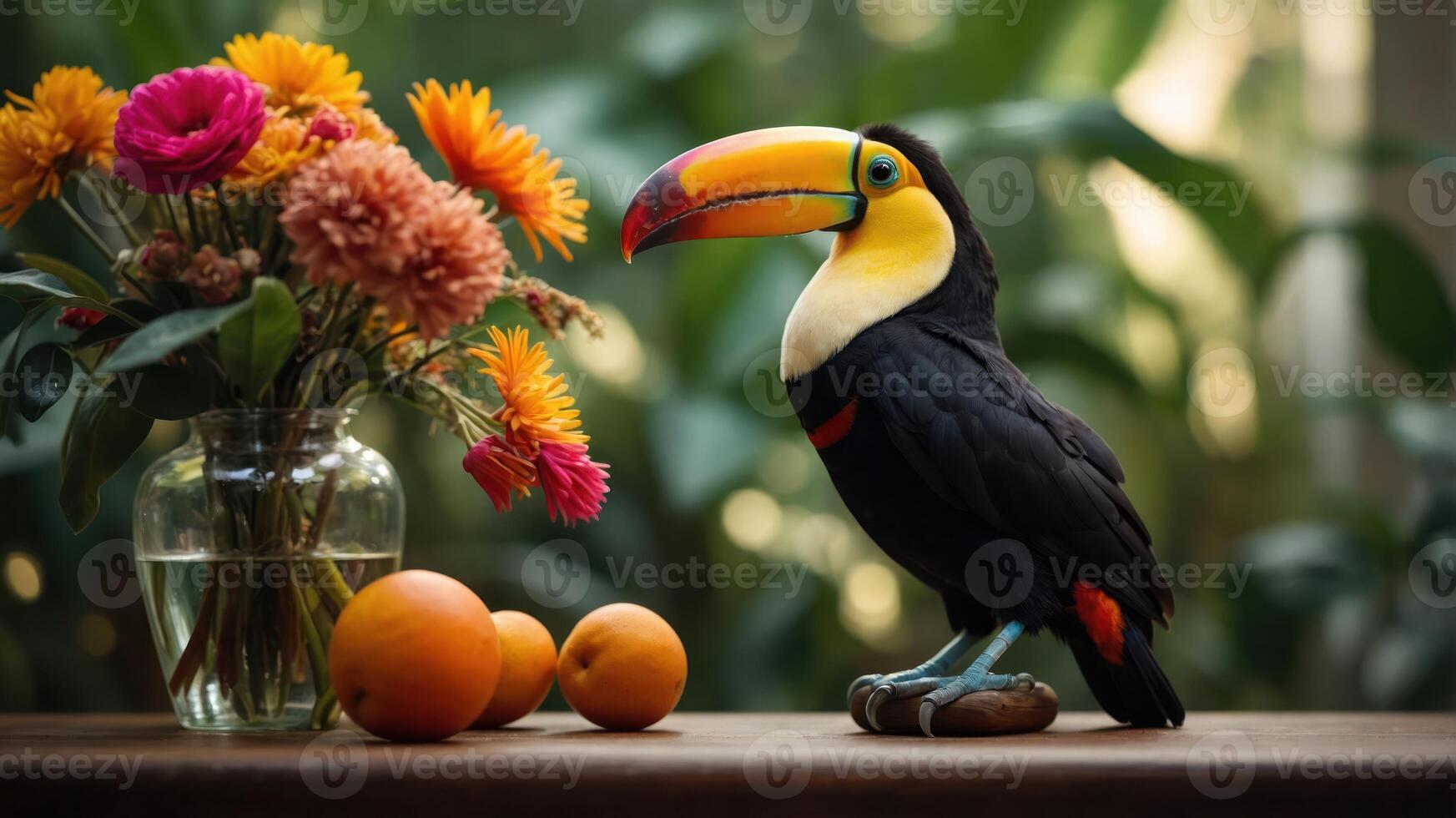 A vibrant toucan beside a vase of flowers and oranges on a wooden table. photo