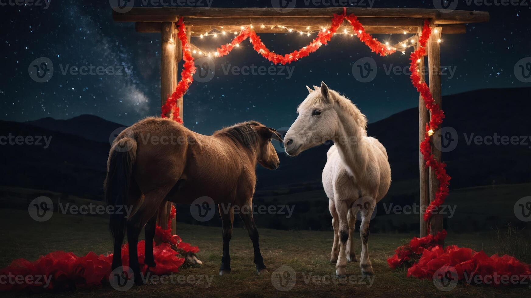 Two horses, one brown and one white, stand under a decorated arch at night. photo