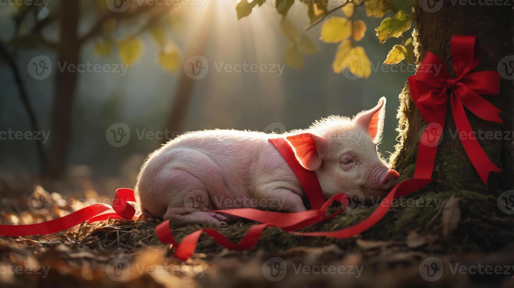 A piglet resting beside a tree, adorned with red ribbons in a serene forest setting. photo