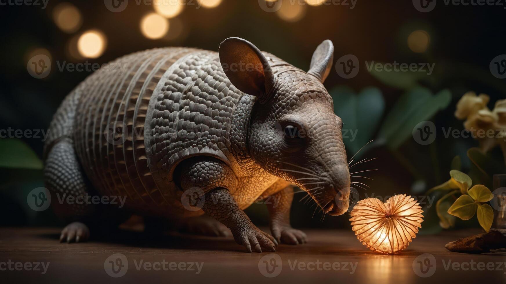 A charming armadillo beside a glowing heart-shaped object in a serene setting. photo