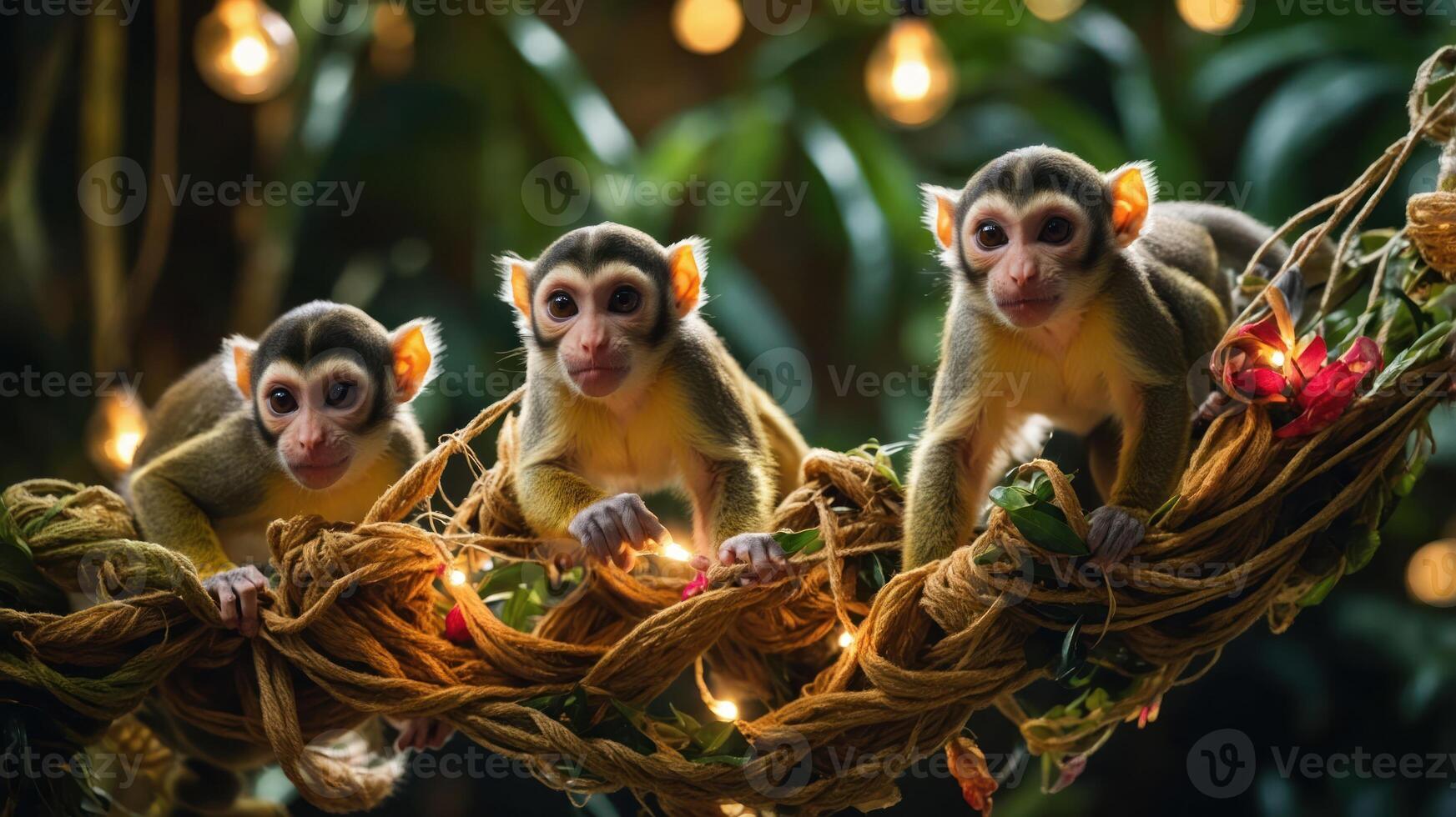 Three monkeys playfully perched on a vine adorned with lights and foliage. photo