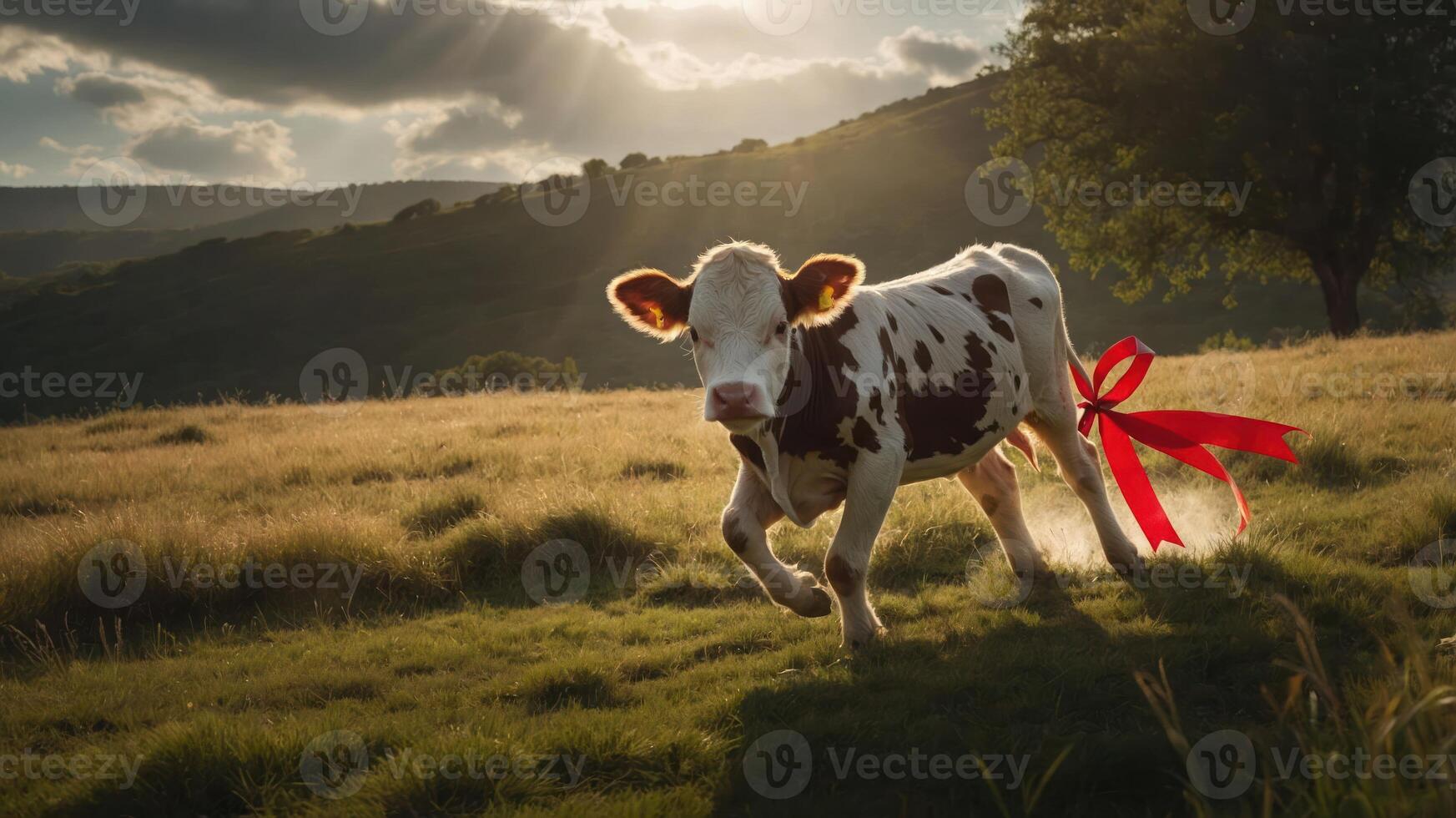 A playful calf with a red ribbon running through a sunlit field. photo
