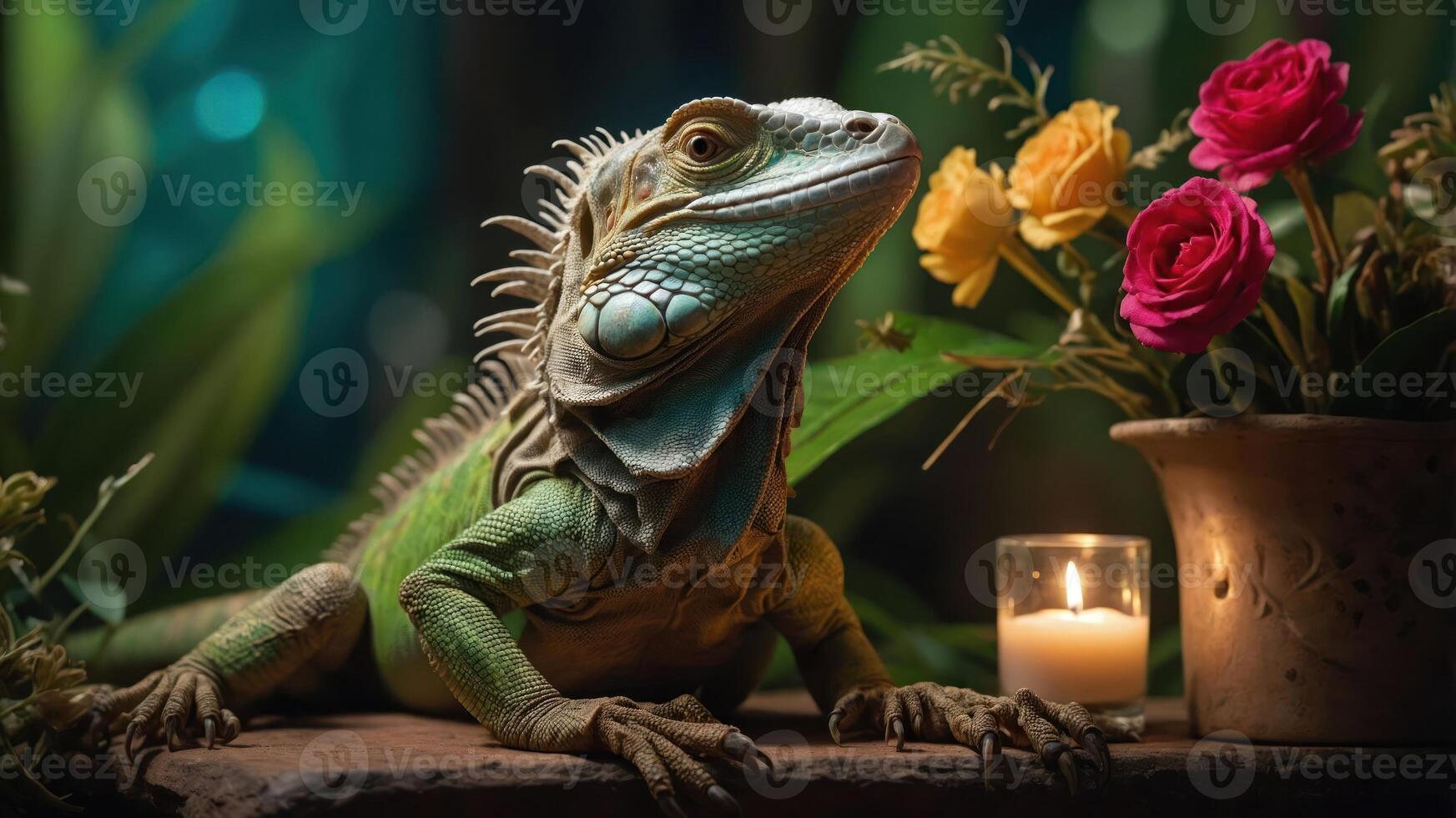 A colorful lizard poses beside flowers and a candle in a serene, nature-inspired setting. photo