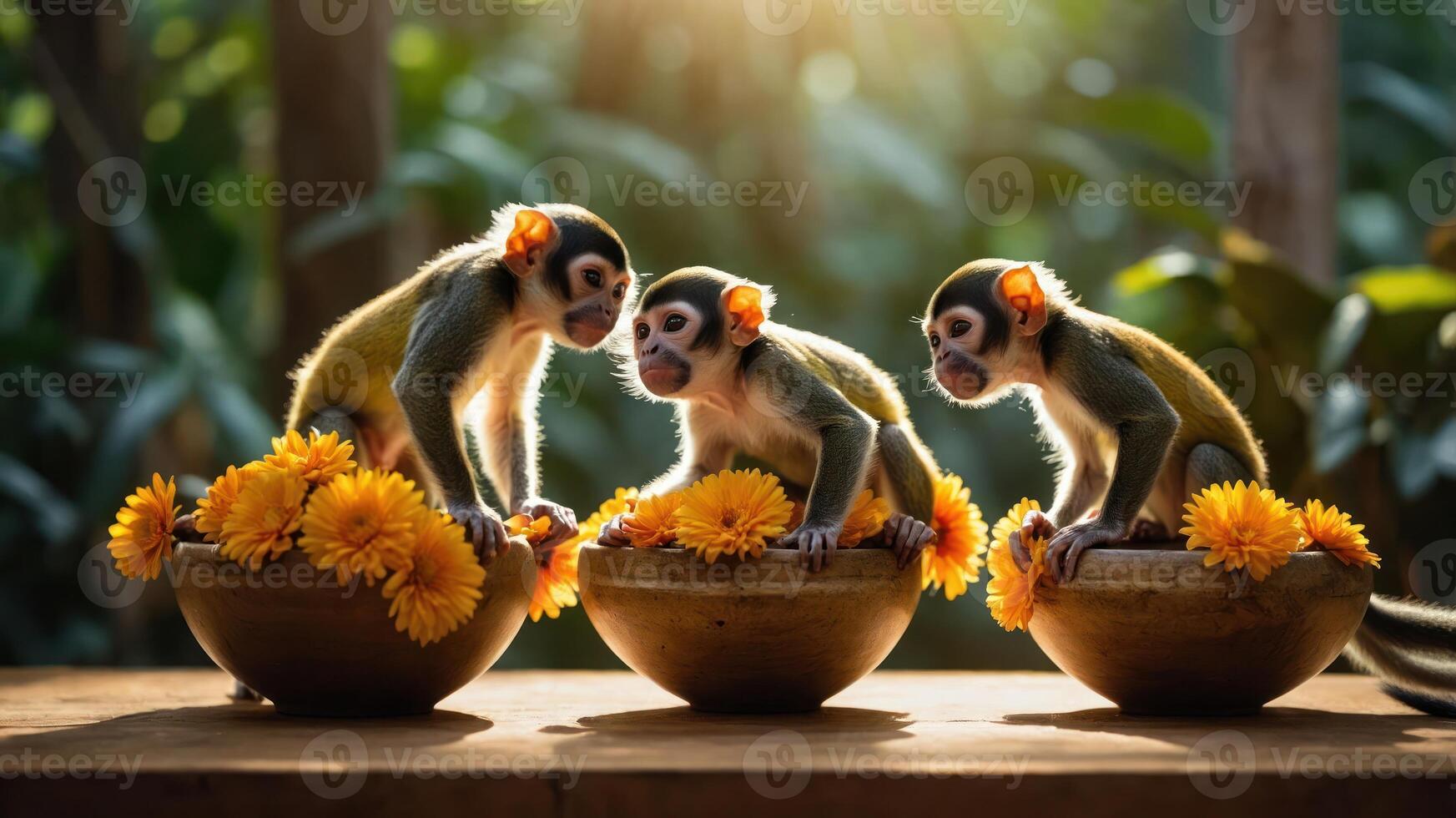 Three monkeys sitting on bowls of flowers, enjoying a serene moment in nature. photo