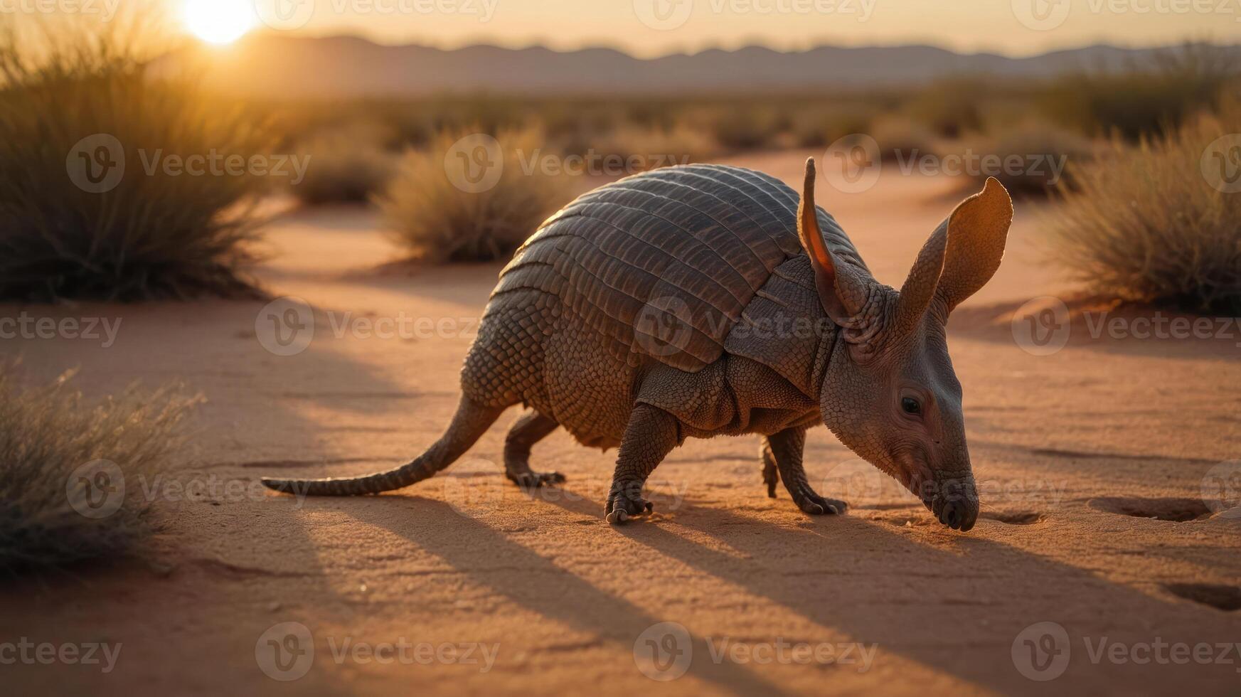 A whimsical creature in a desert landscape during sunset. photo