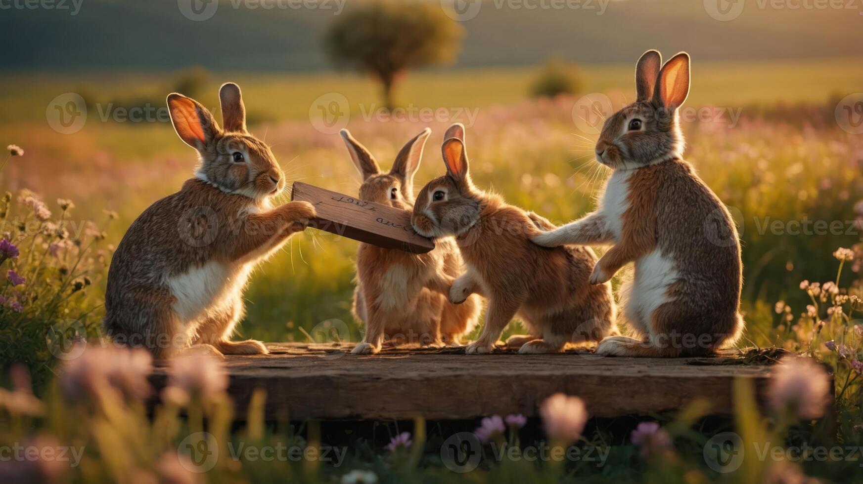 A group of playful rabbits interacting in a vibrant, flower-filled meadow during sunset. photo