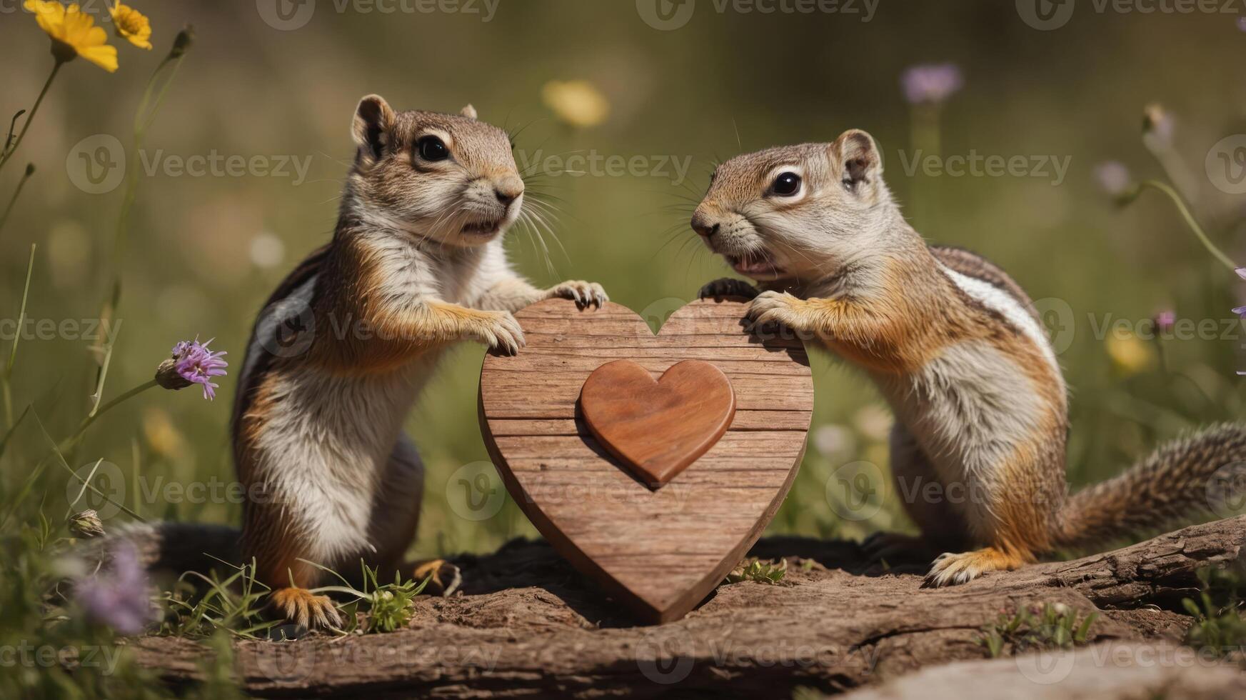 Two squirrels holding a wooden heart, symbolizing affection in a natural setting. photo