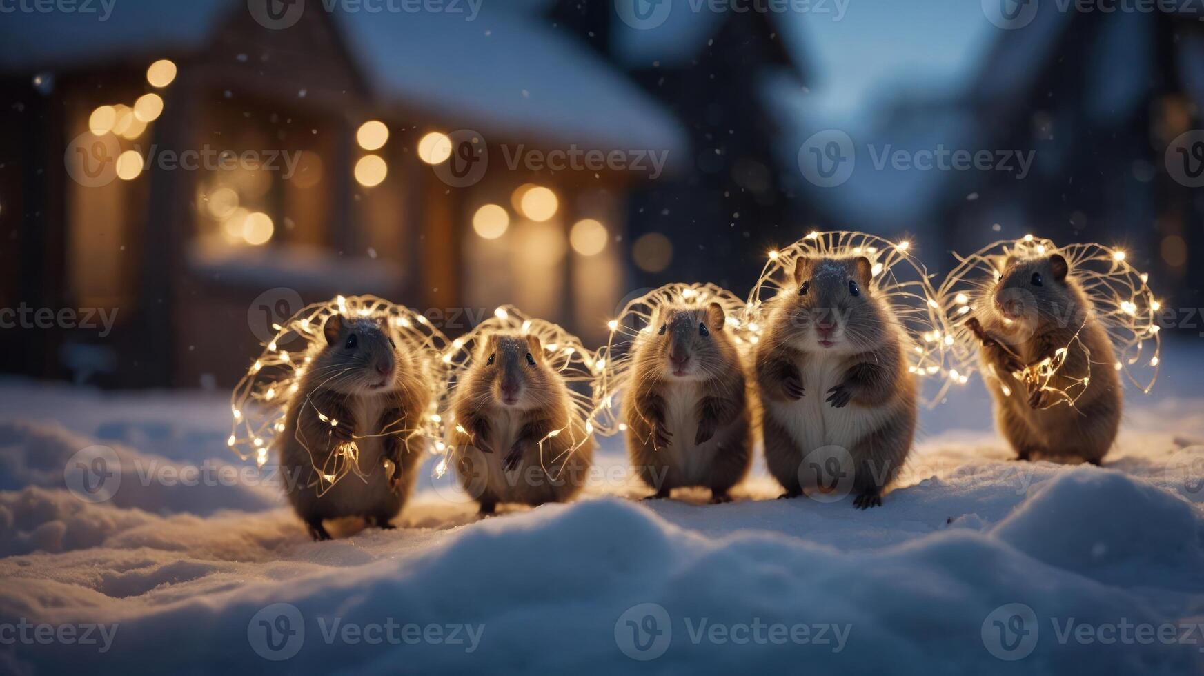 Five hedgehogs adorned with fairy lights in a snowy landscape during twilight. photo