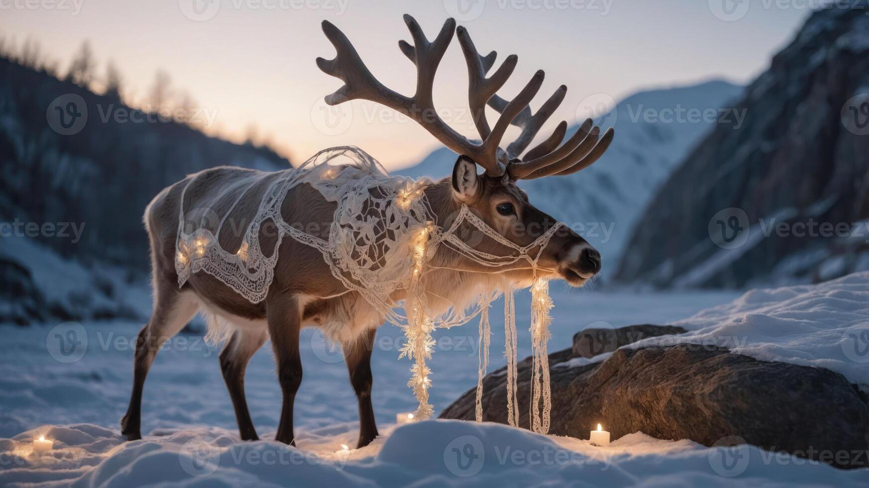 A decorated reindeer in a snowy landscape, illuminated by soft lights and candles. photo