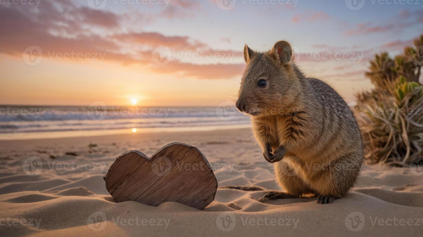 A cute animal stands next to a heart-shaped object on a beach at sunset. photo