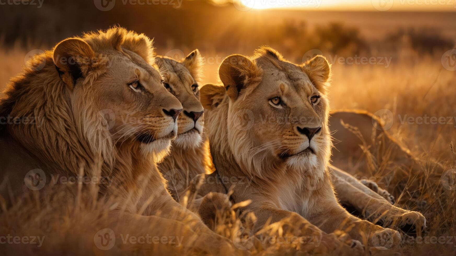 Three lions resting in golden grass at sunset, showcasing their majestic features. photo