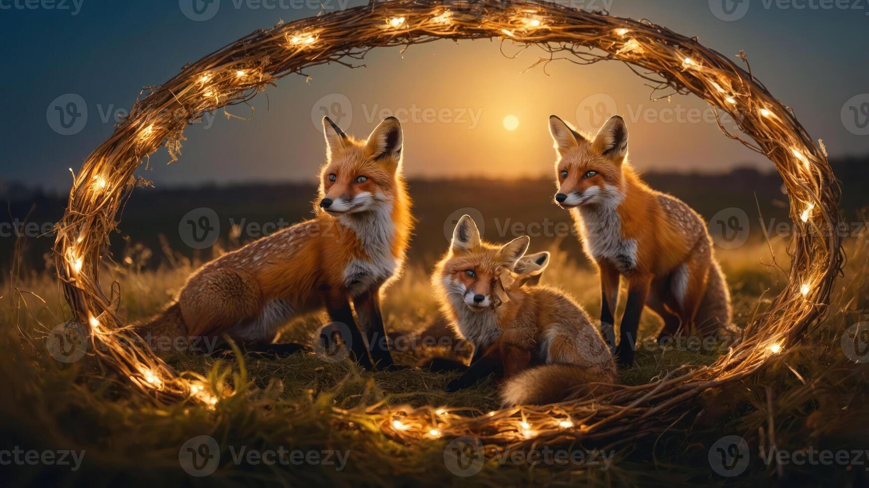 Three foxes surrounded by a glowing wreath at sunset in a serene landscape. photo