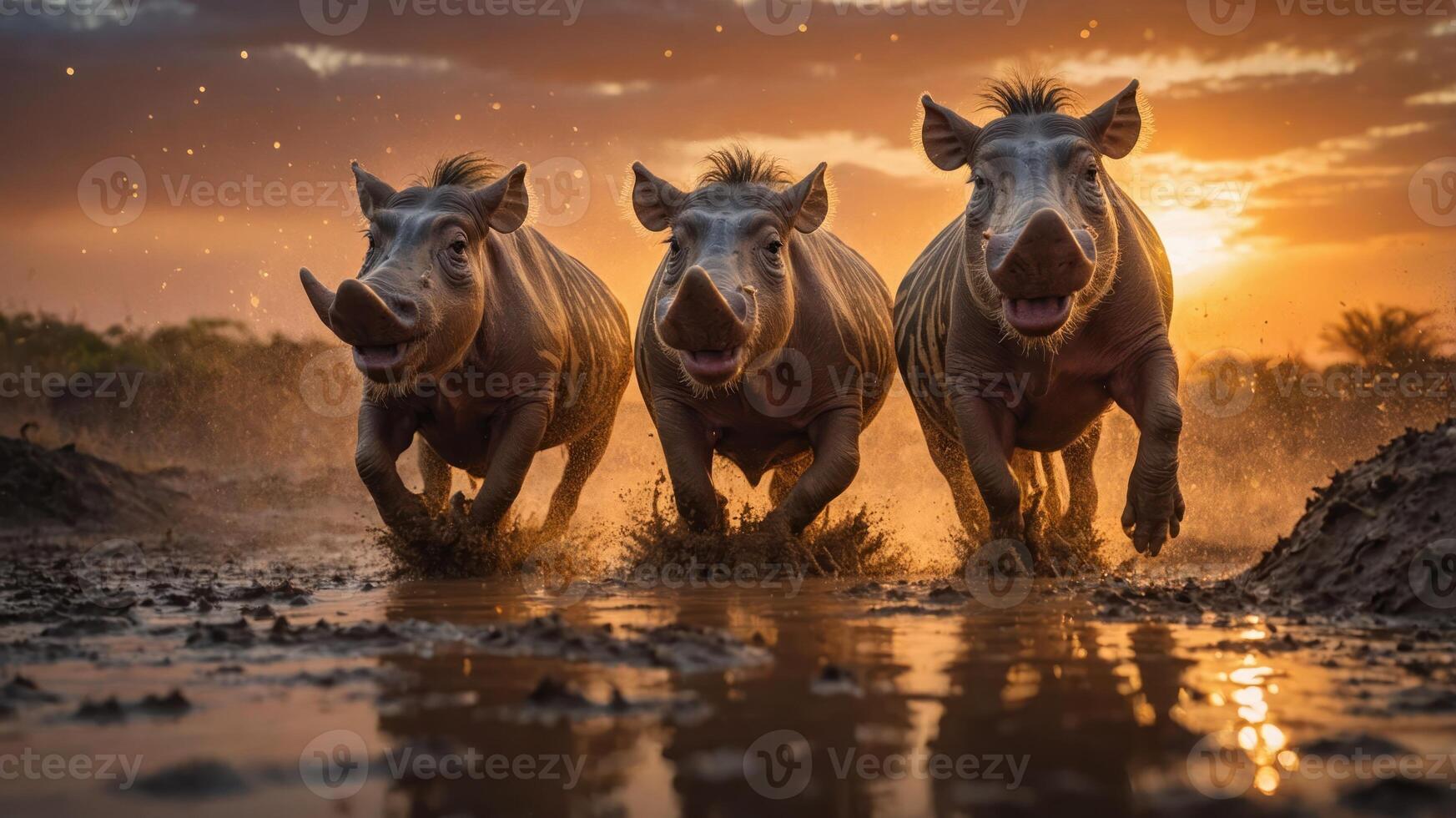 Three wild boars running through water at sunset, creating a dynamic and vibrant scene. photo