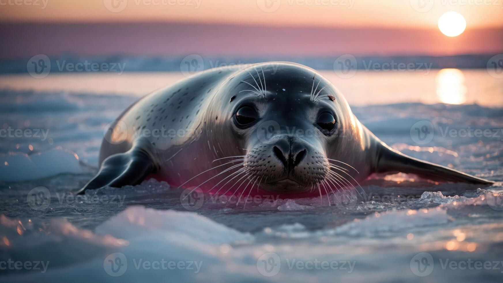 A seal resting on ice at sunset, showcasing its serene expression and natural habitat. photo