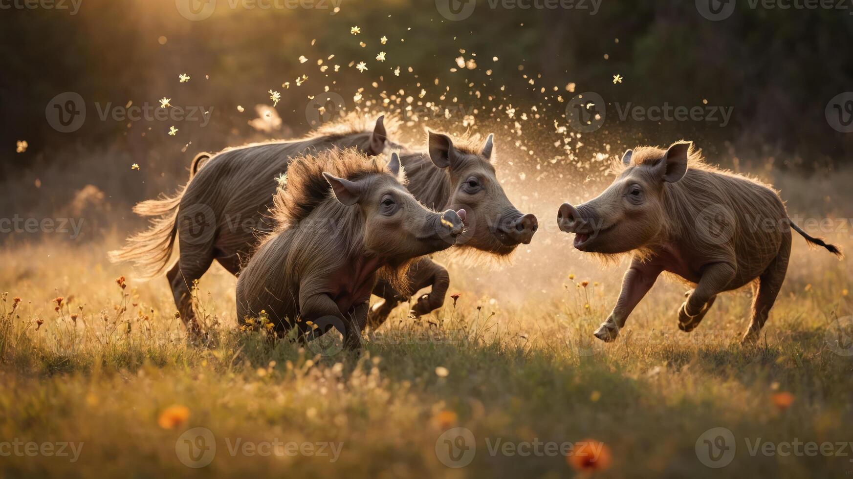 Four wild boars playfully running through a sunlit field with a soft, blurred background. photo
