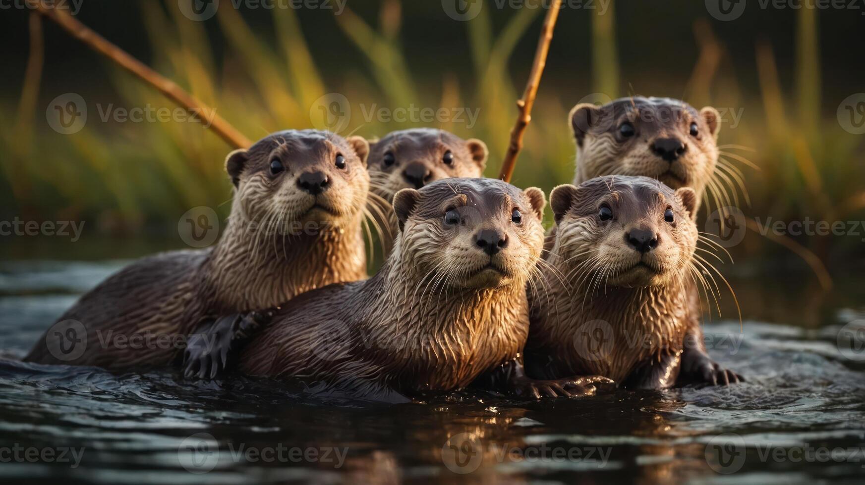 A group of otters playfully swimming together in a serene environment. photo