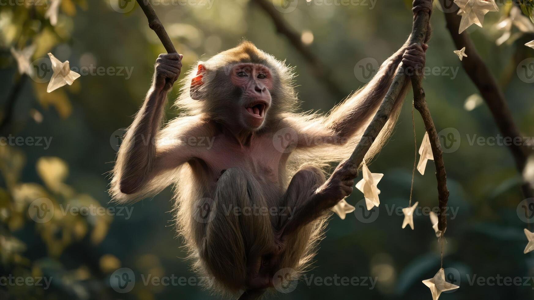 A monkey hanging from branches in a lush, sunlit forest. photo