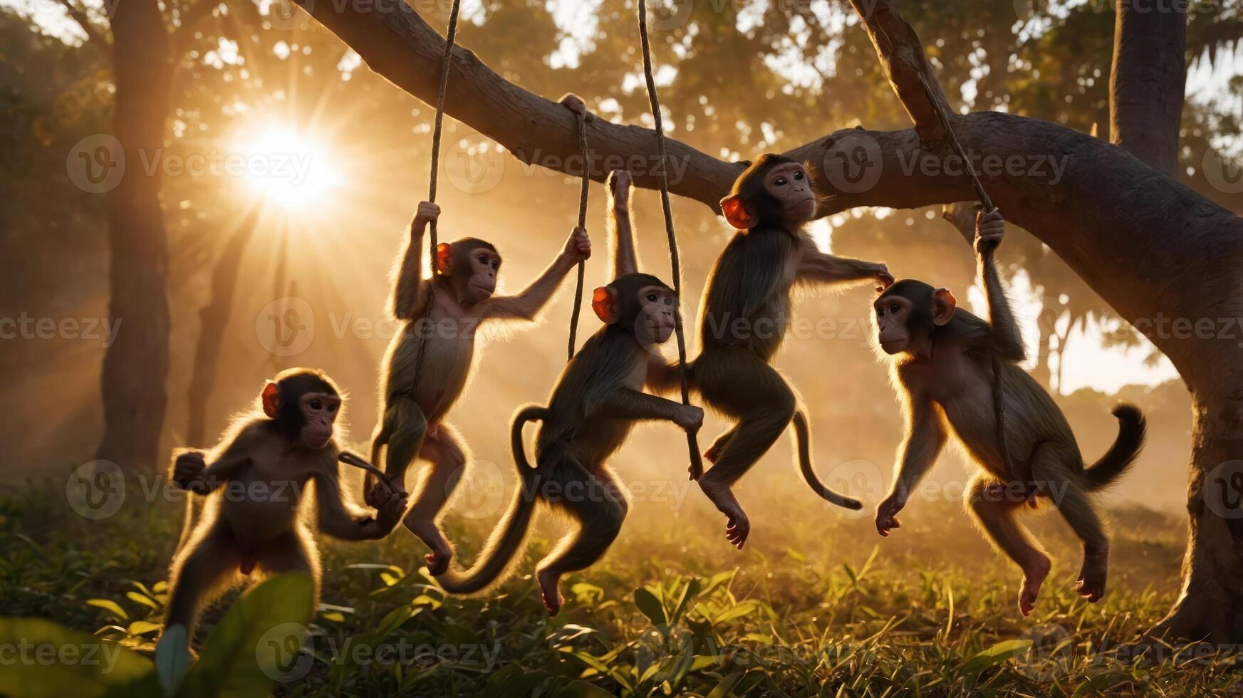 A group of monkeys playfully swinging on branches in a sunlit forest. photo