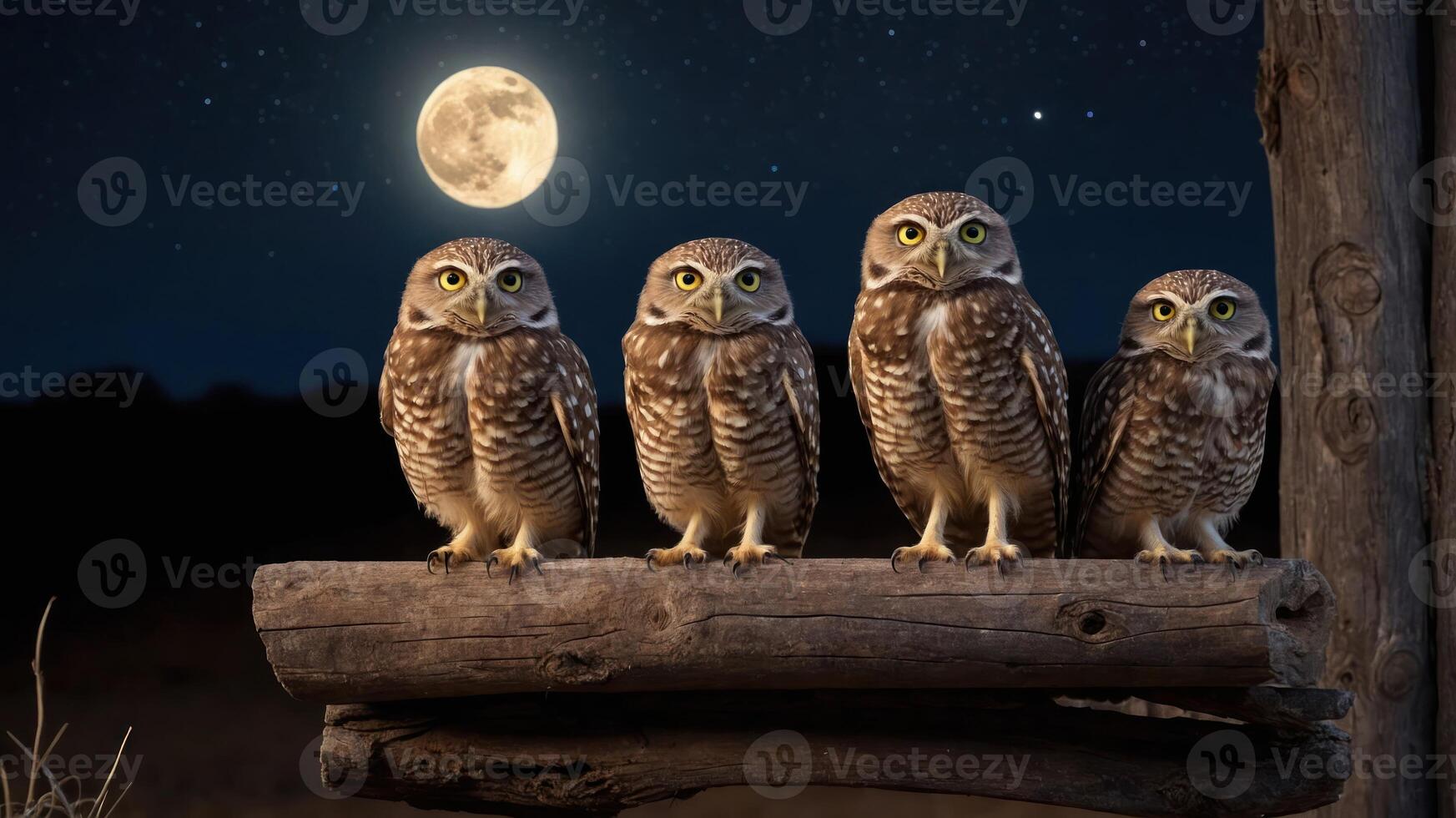 Four owls perched on a log under a full moon in a starry night sky. photo