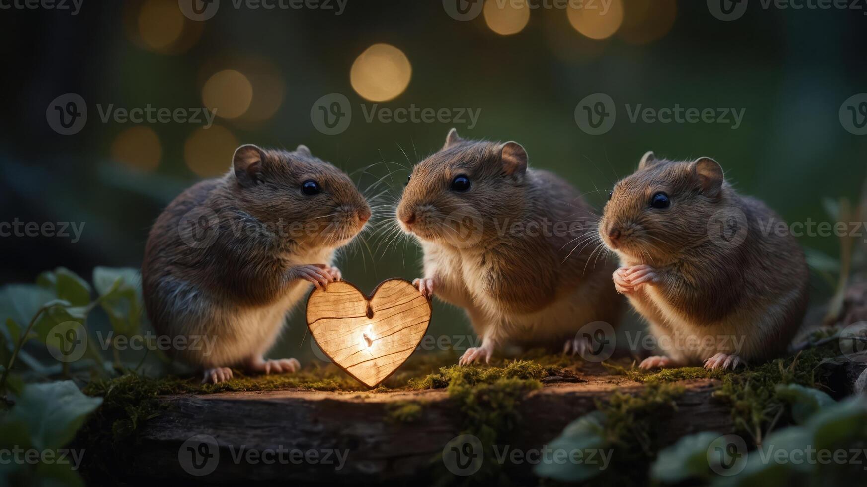 Three adorable rodents holding a glowing heart-shaped light in a serene, natural setting. photo