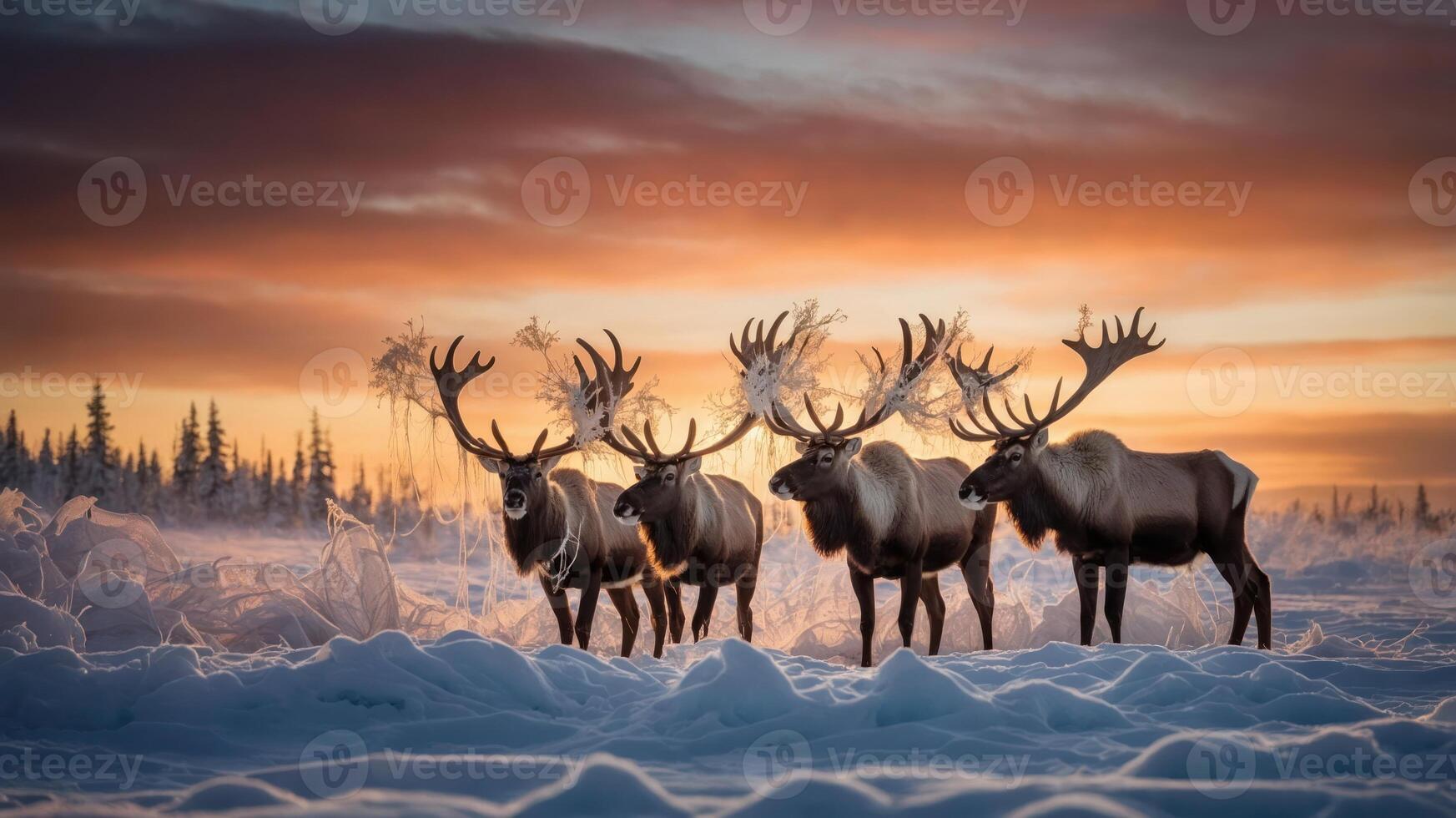 A serene winter scene featuring a group of reindeer against a colorful sunset backdrop. photo